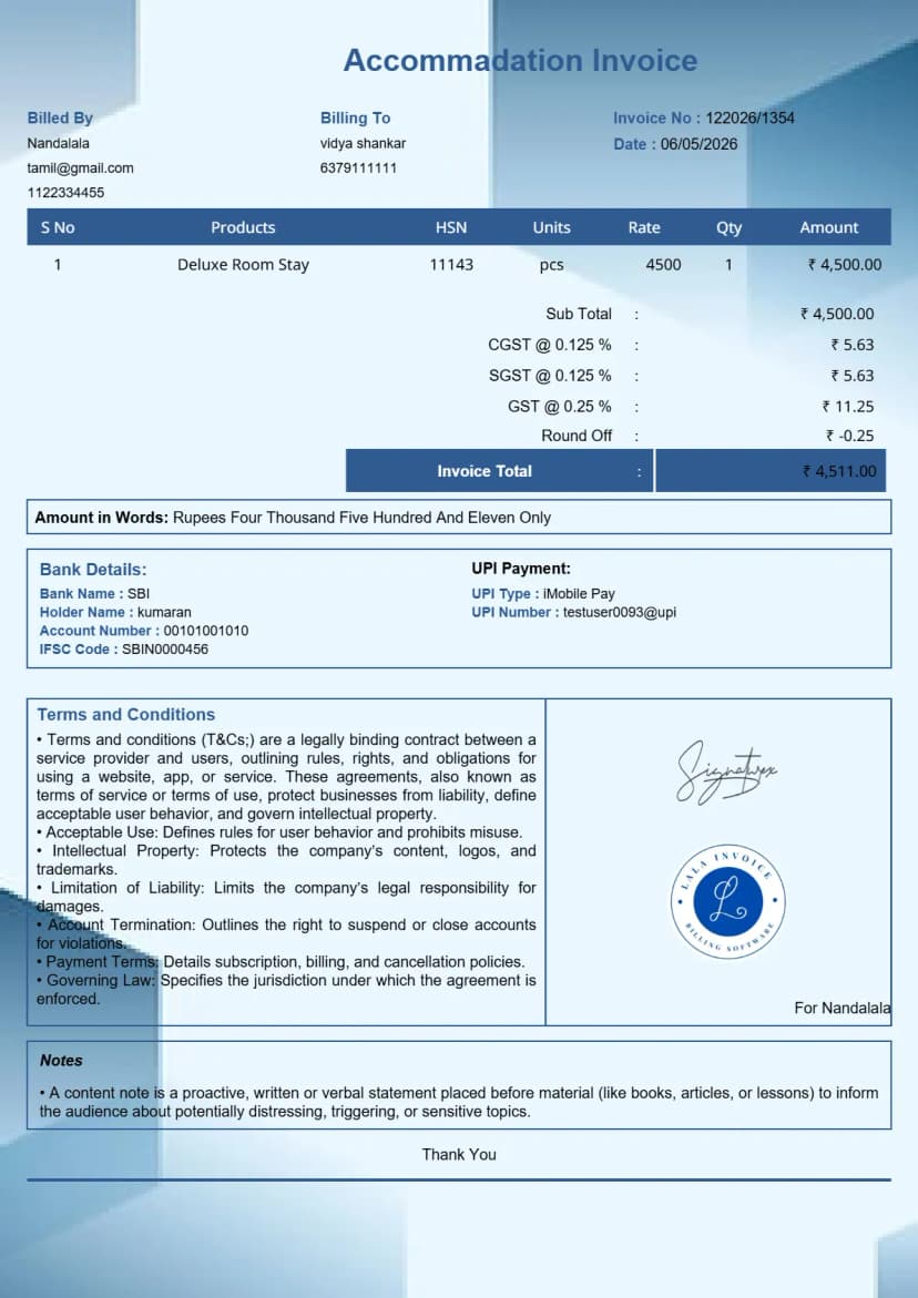 Free Accommodation Invoice - Hotel Billing Tool | InvoiceFree