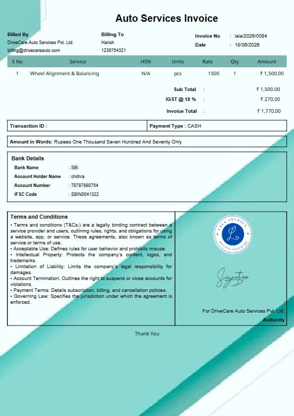 Auto Service Invoice Generator Free Online | InvoiceFree