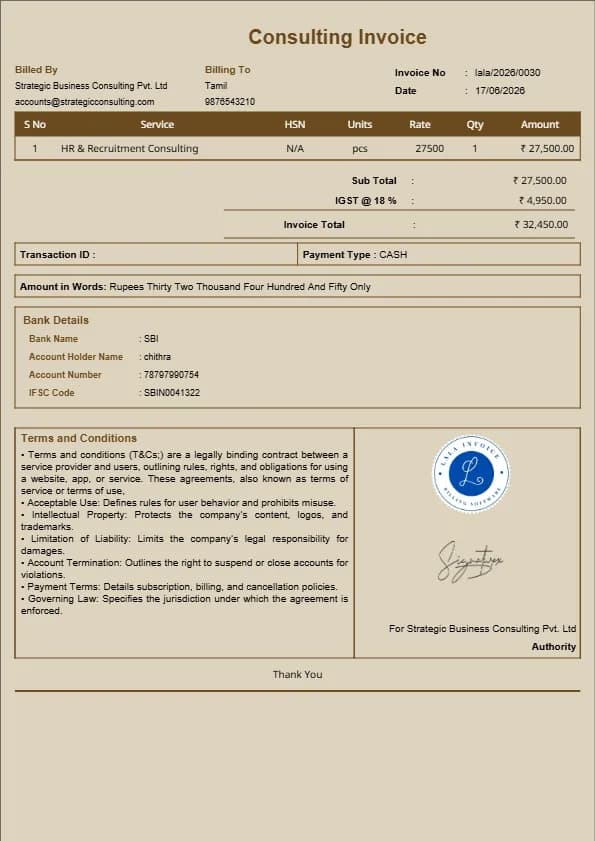 Consulting Invoice Generator - Fast & Free | InvoiceFree