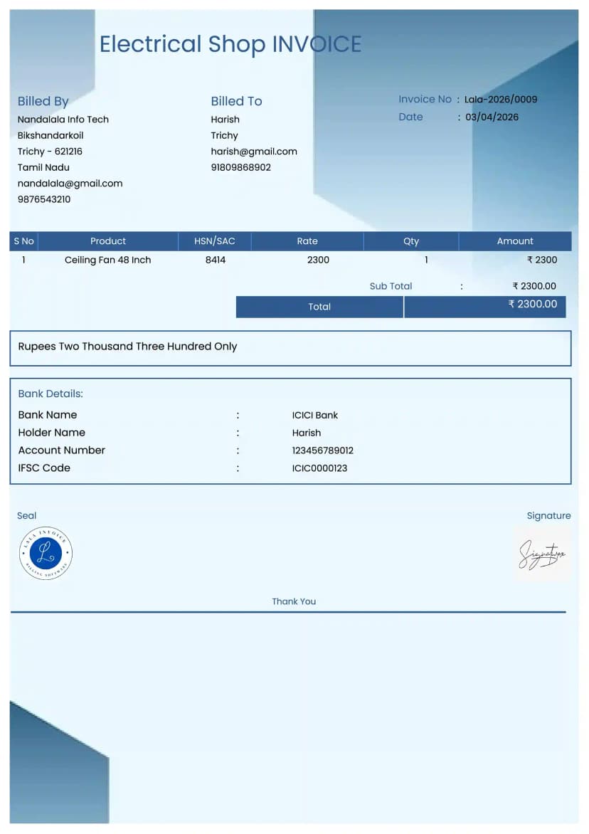 Create Free Electrical Shop Invoices Online | InvoiceFree