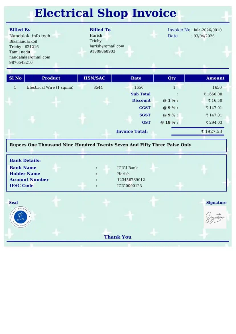 Create Free Electrical Shop Invoices Online | InvoiceFree