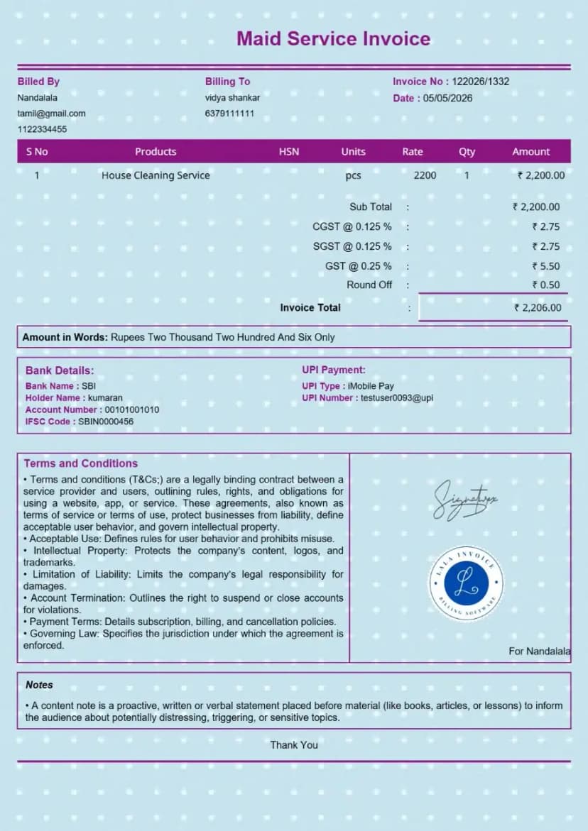 Free Cleaning & Maid Service Invoice Generator | InvoiceFree
