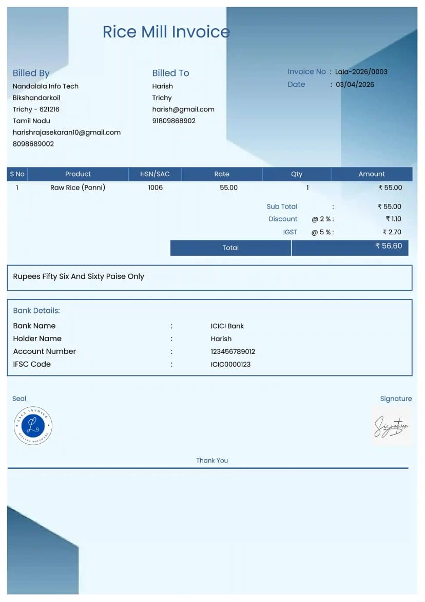 Free Rice Mill Invoice Generator Online | InvoiceFree
