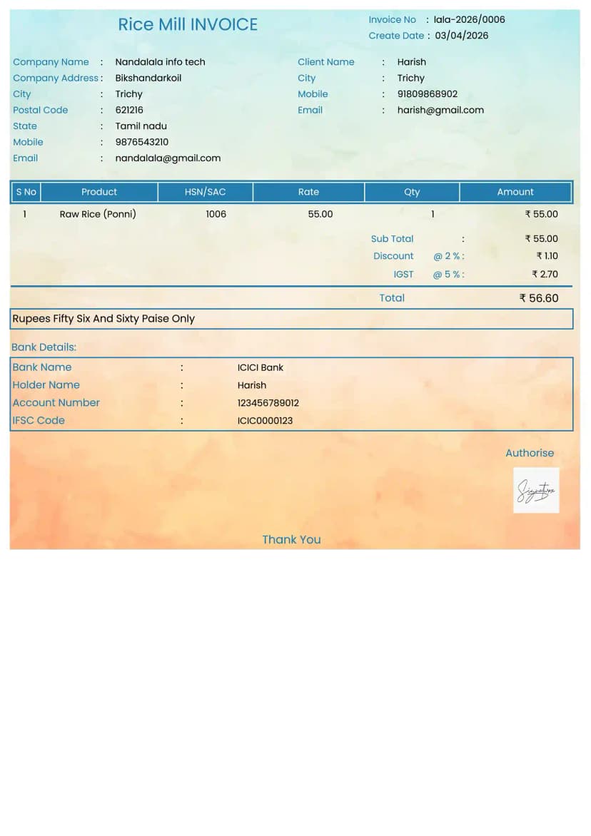 Free Rice Mill Invoice Generator Online | InvoiceFree