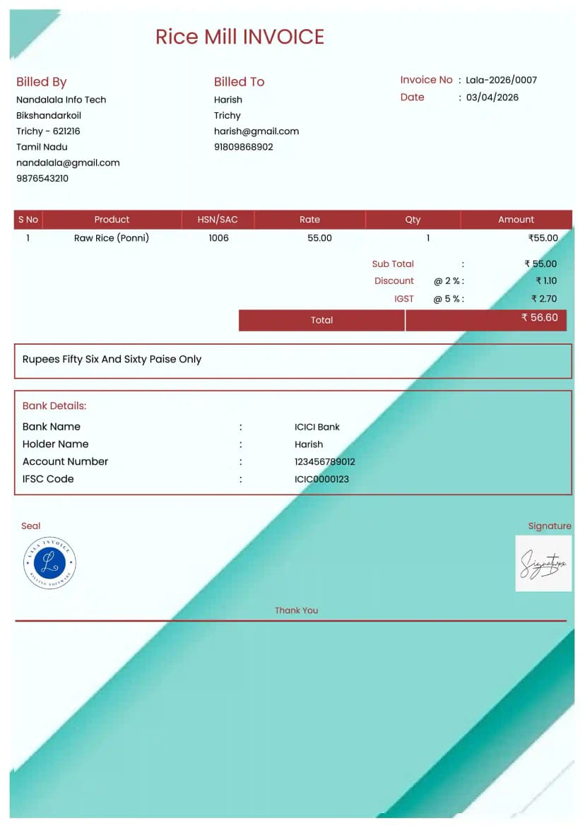 Free Rice Mill Invoice Generator Online | InvoiceFree