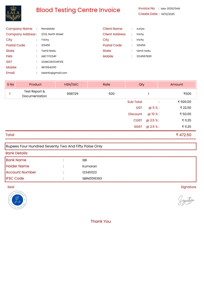 Free Blood Testing Invoice Generator for Labs | InvoiceFree
