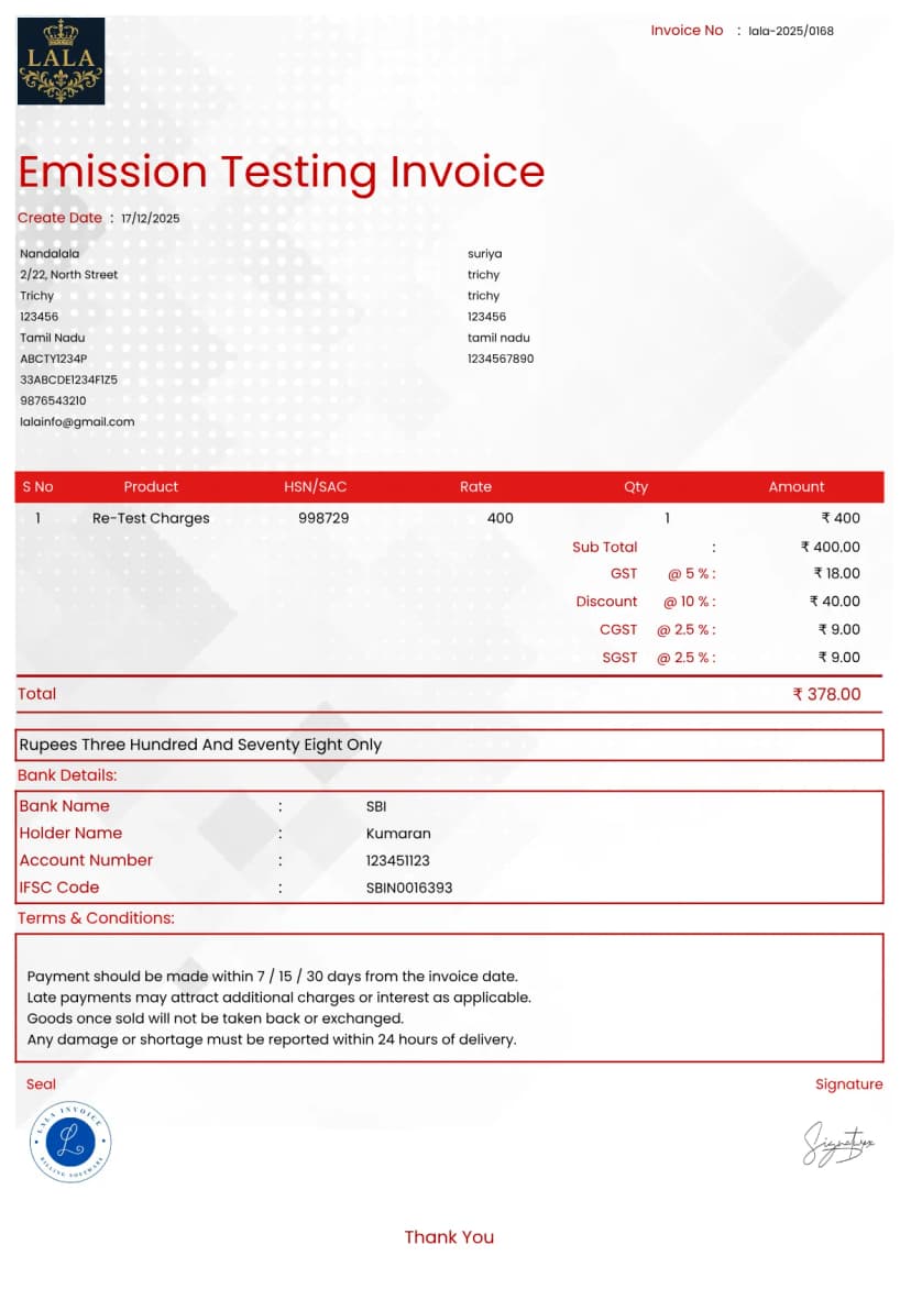 Free Emission Testing Invoice Generator - PUC Bill | InvoiceFree