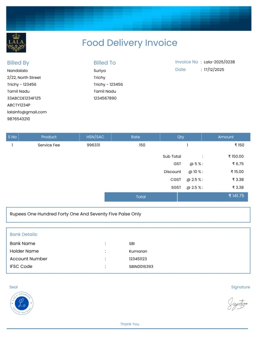 Food Delivery Invoice Generator - Orders & Fees | InvoiceFree