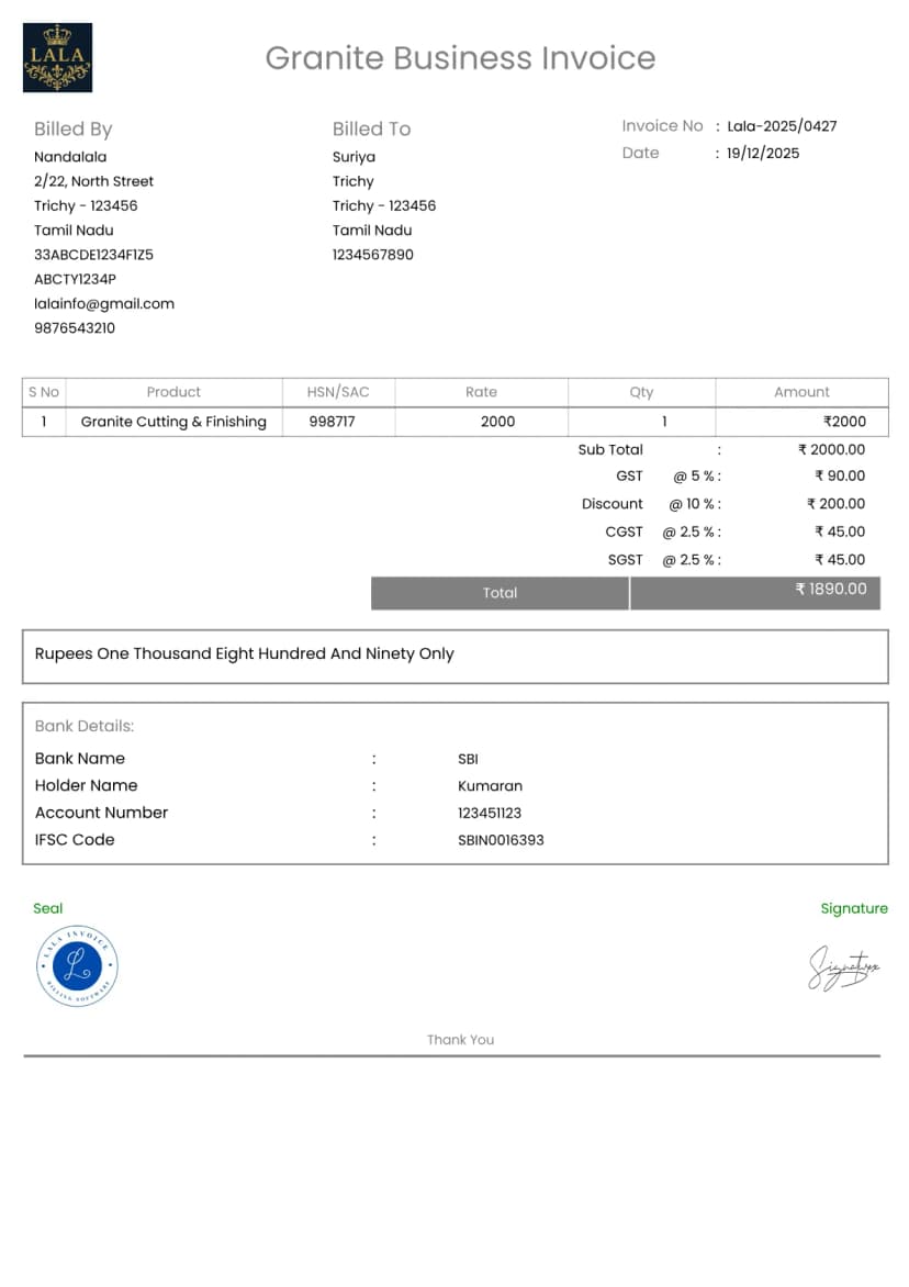 Granite Business Invoice Generator for Stone Sales | InvoiceFree