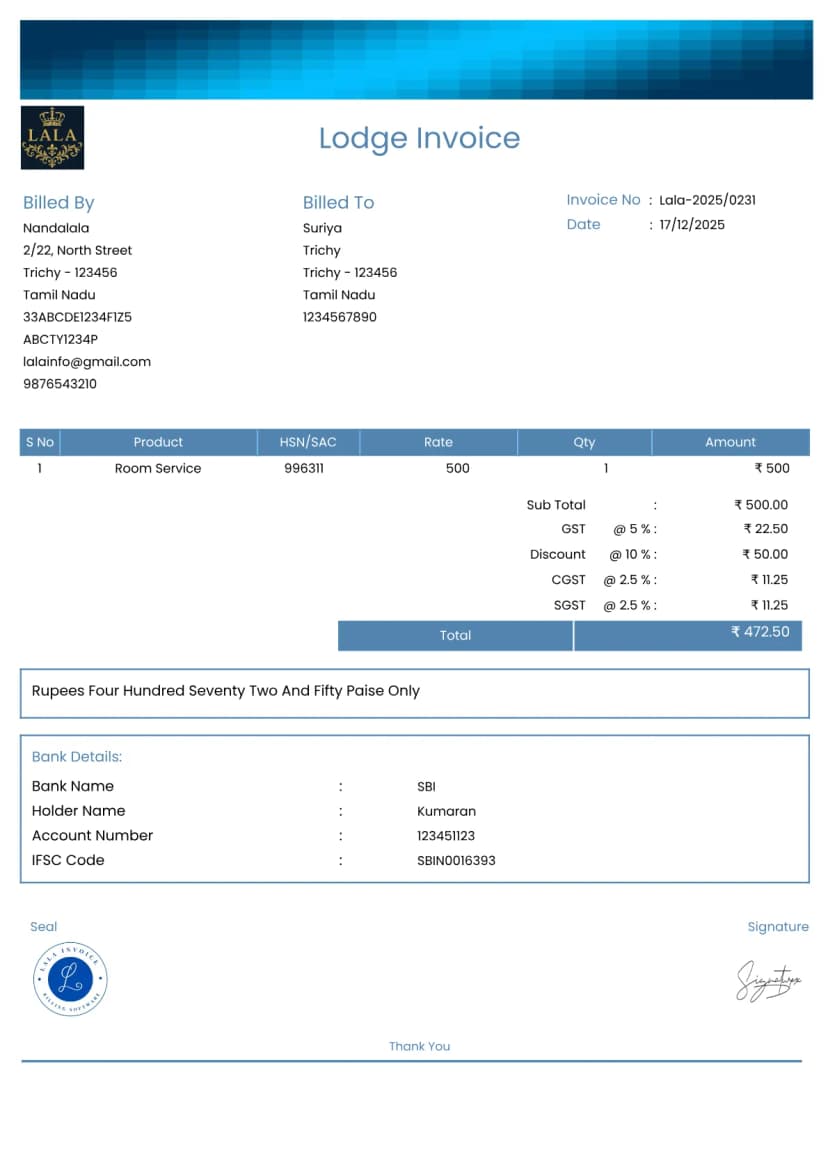 Free Lodge Room & Guest Stay Invoice Generator | InvoiceFree