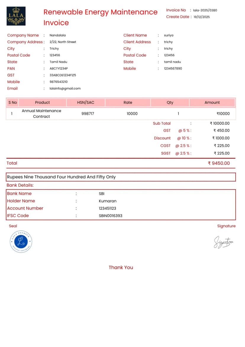 free Renewable Energy Maintenance Invoice Generator | InvoiceFree