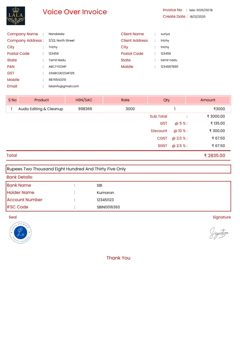 Create Voice Over Invoices Free in Minutes Online | InvoiceFree