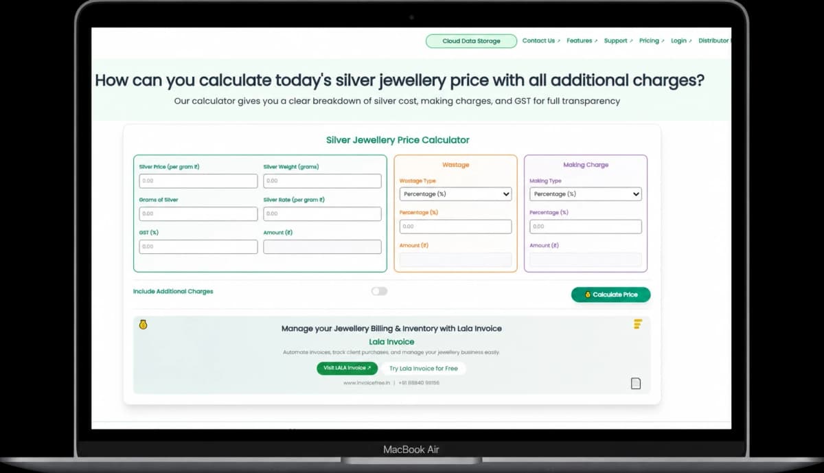 Jewellery Billing Software Dashboard showing silver rate calculator interface