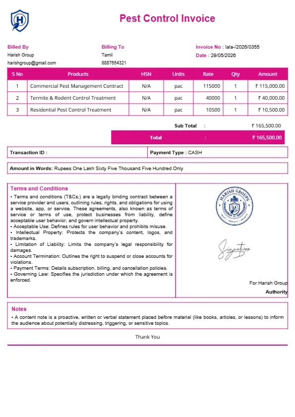 Best Pest Control Invoice Format | InvoiceFree