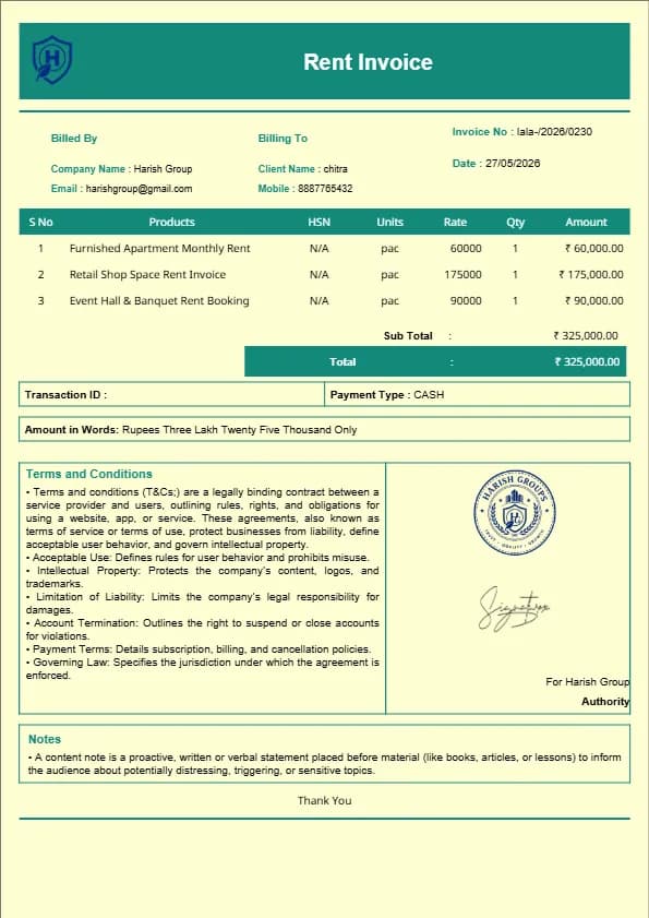 Best Rent Invoice Format | InvoiceFree