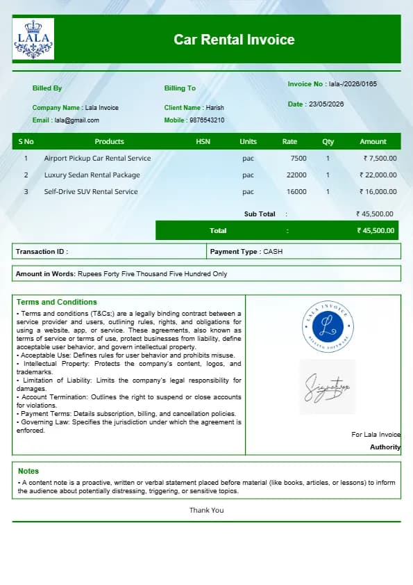Free Car Rental Invoice Template for Rental Firms | InvoiceFree
