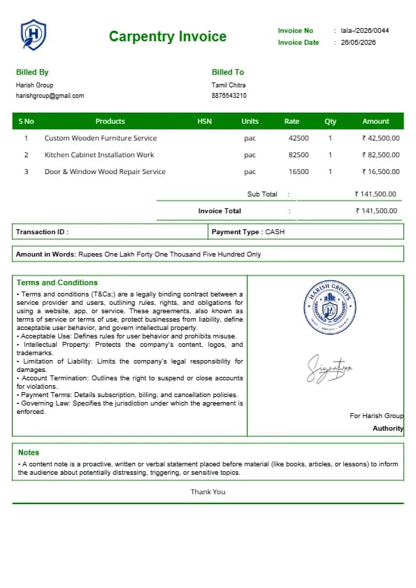 Free Carpentry Invoice Template for Woodworkers | InvoiceFree