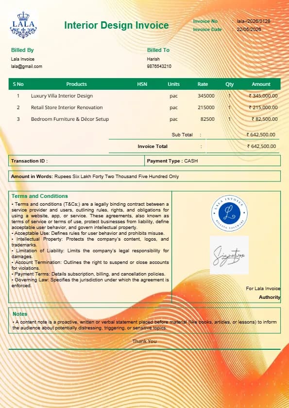 Free Interior Design Invoice Template | InvoiceFree