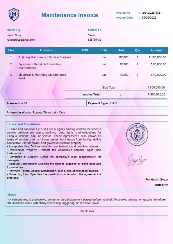 Free Maintenance Invoice Template for Service Jobs | InvoiceFree