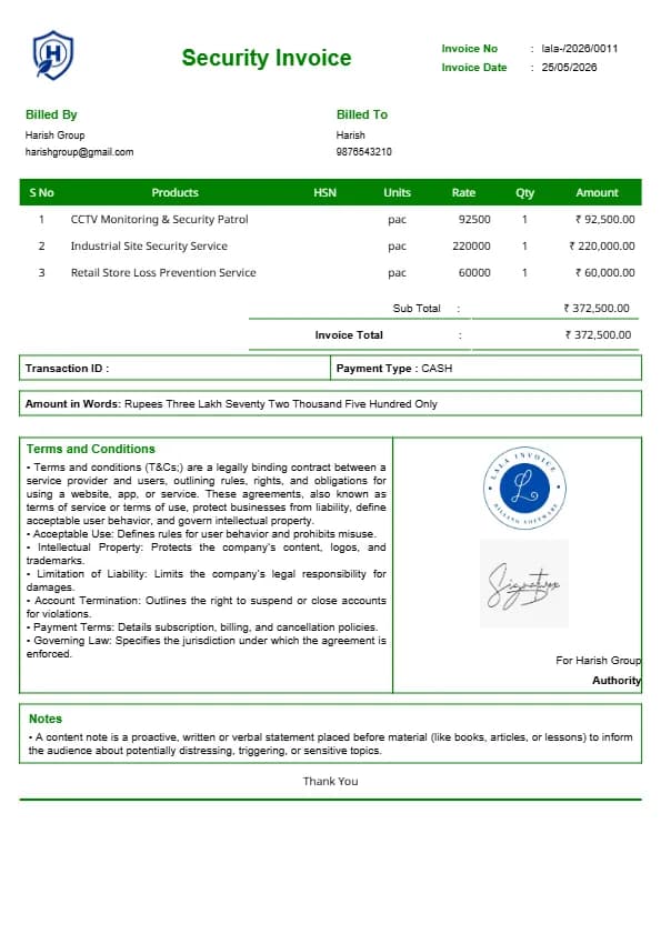 Free Security Invoice Template for Guard Services | InvoiceFree