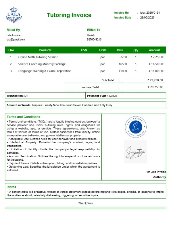 Free Tutoring Invoice Template for Private Tutors | InvoiceFree