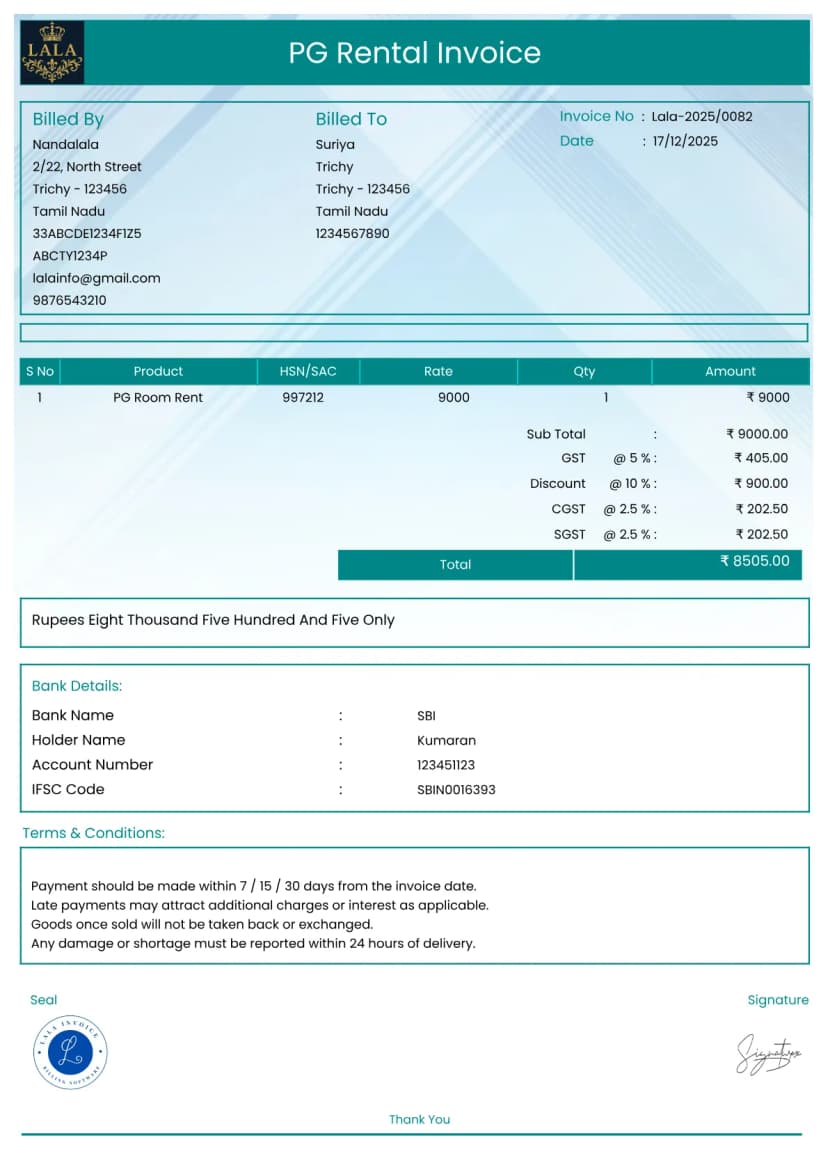 Free PG Rental Invoice Generator - Rent & Deposit | InvoiceFree