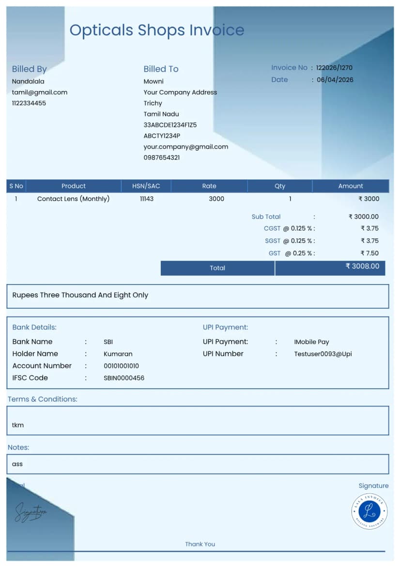 Projector Invoice Free Optical Shop Invoice Generator Easy Billing | InvoiceFree