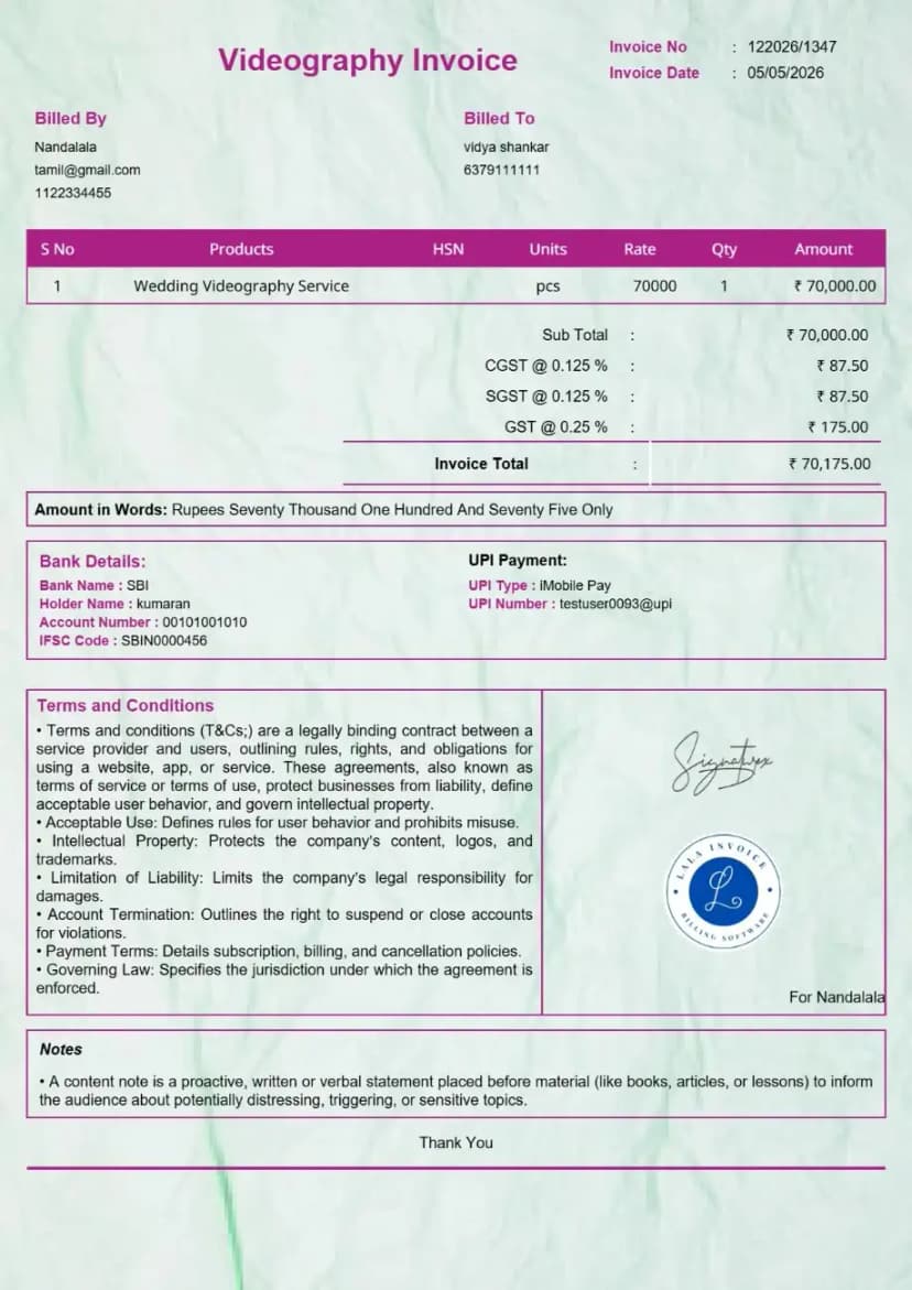 Video Making Invoice Billing Software for Videography — GST Compliant | InvoiceFree