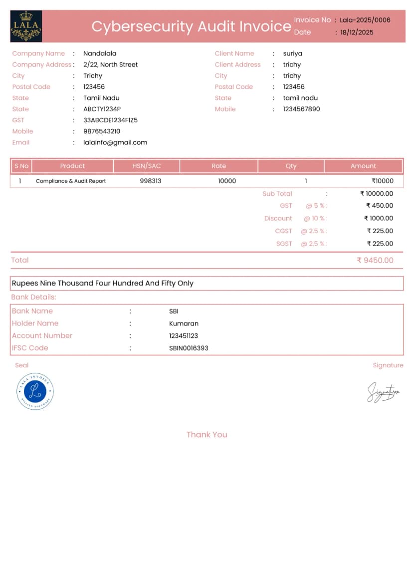 Security Camera Invoice Free Online Cybersecurity Audit Invoice Generator | InvoiceFree