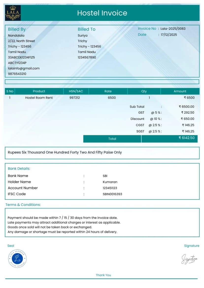 Hostel Invoice Example Hostel Invoice Generator for Fees, Mess & Dues | InvoiceFree