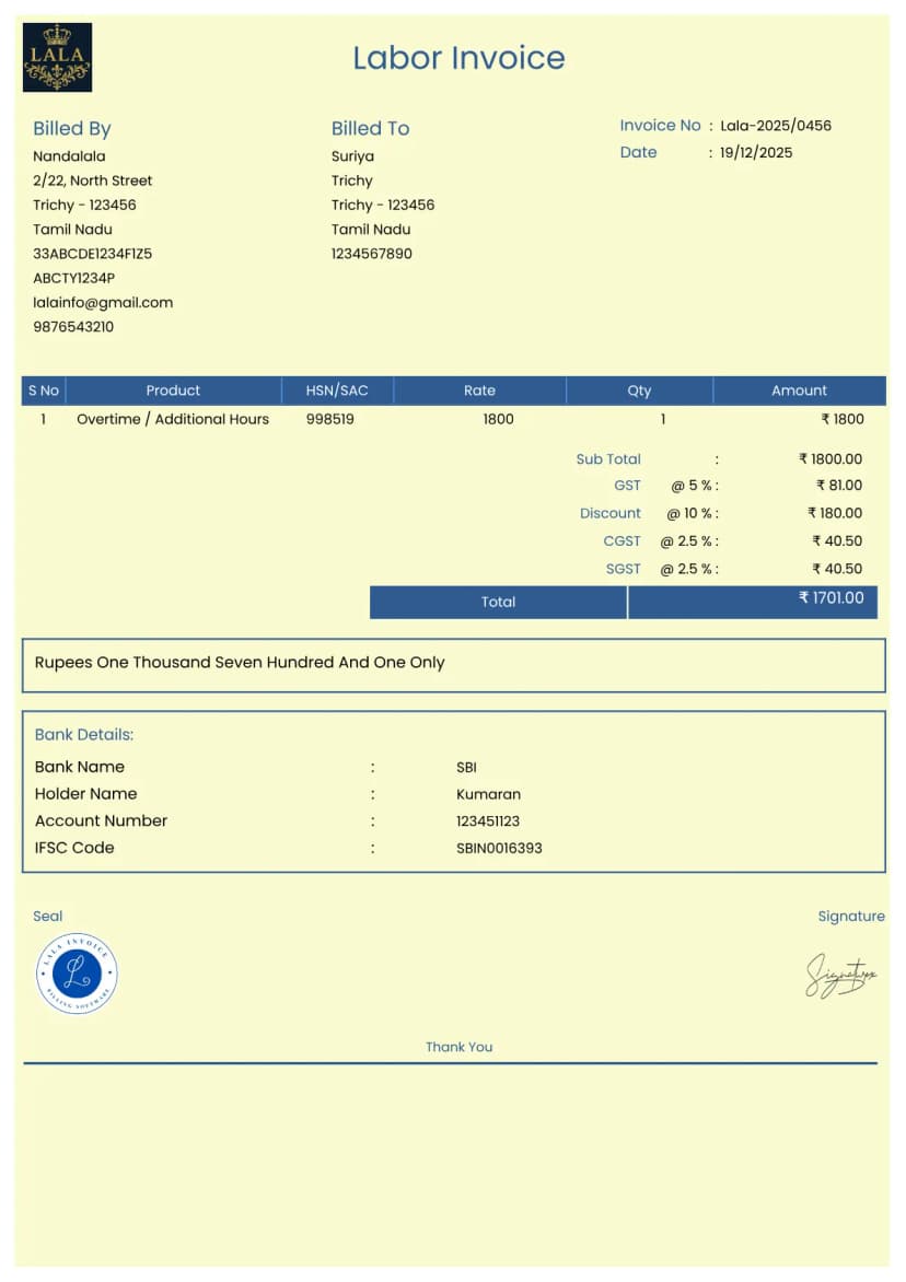 Labor Bill Example Stop Manual Labour Billing — Free GST Invoice Tool | InvoiceFree