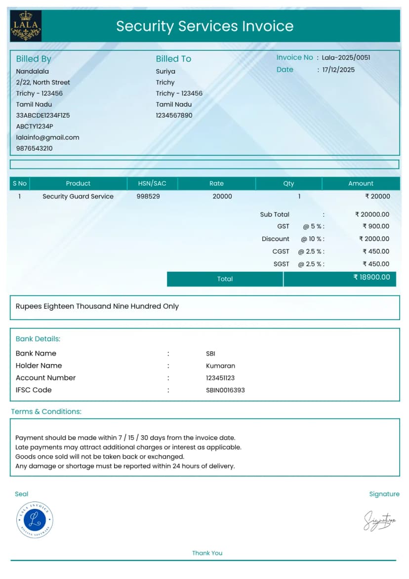 Security Invoice Example Free Security Services Invoice for Guard & Patrol | InvoiceFree