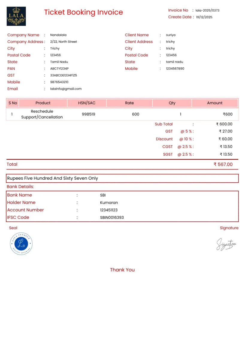 Income Invoice Example Booking Easy Ticket Booking Invoice Generator - Free & Fast | InvoiceFree