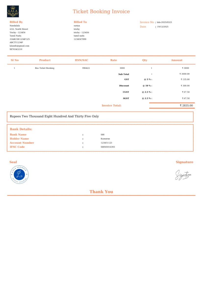 Income Invoice Example Booking Easy Ticket Booking Invoice Generator - Free & Fast | InvoiceFree