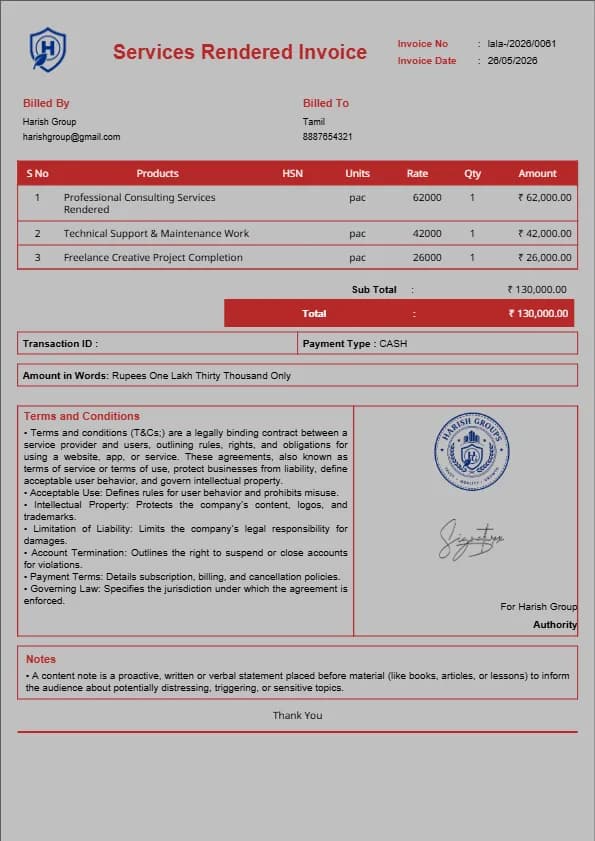 Service Rendered In Malay Free Services Rendered Billing Template Download | InvoiceFree